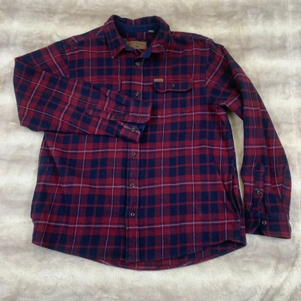 Orvis Mens XL Red Navy Blue Plaid‎ Flannel Lined Shirt Jacket Hand Pockets 2951